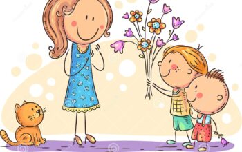 孩子们向母亲或老师献花-孩子们向母亲或老师献花，漫画插图-163167081